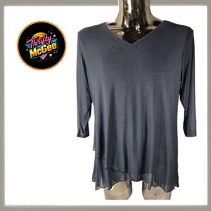 Sese Code Blue Layered Mesh Tunic Top XL Sheer Overlay V-Neck 3/4 Sleeve